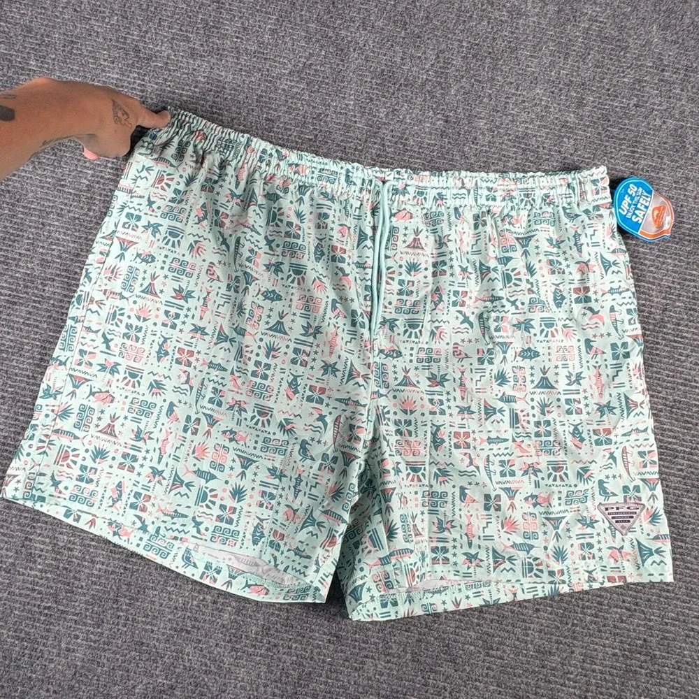 Columbia PFG Water Shorts Mens XXL Green New Tiki Totem Print UPF 50